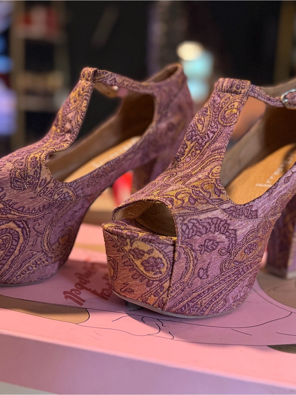 Jeffrey Campbell FOXY Purple Paisley Platform Peep-Toe Heels